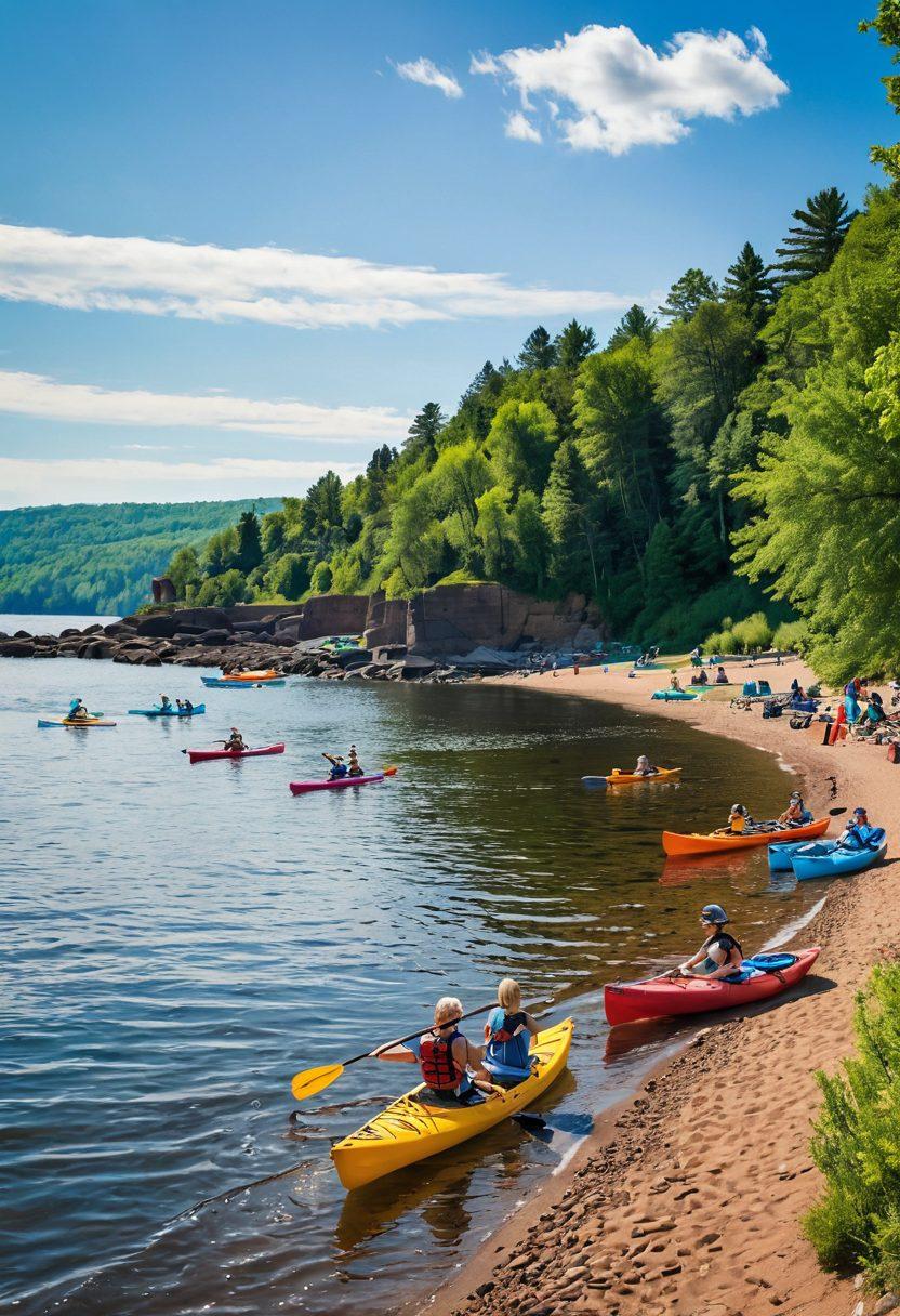 A scenic view of Duluth's vibrant shoreline with people enjoying various activities such as kayaking, biking, and picnicking. The sun is shining brightly over Lake Superior, with colorful sailboats in the background. Joyful faces and laughter fill the air, capturing the essence of a cheerful community. Bright blues and greens dominate the landscape, radiating positivity. super-realistic. vibrant colors. sunny atmosphere.