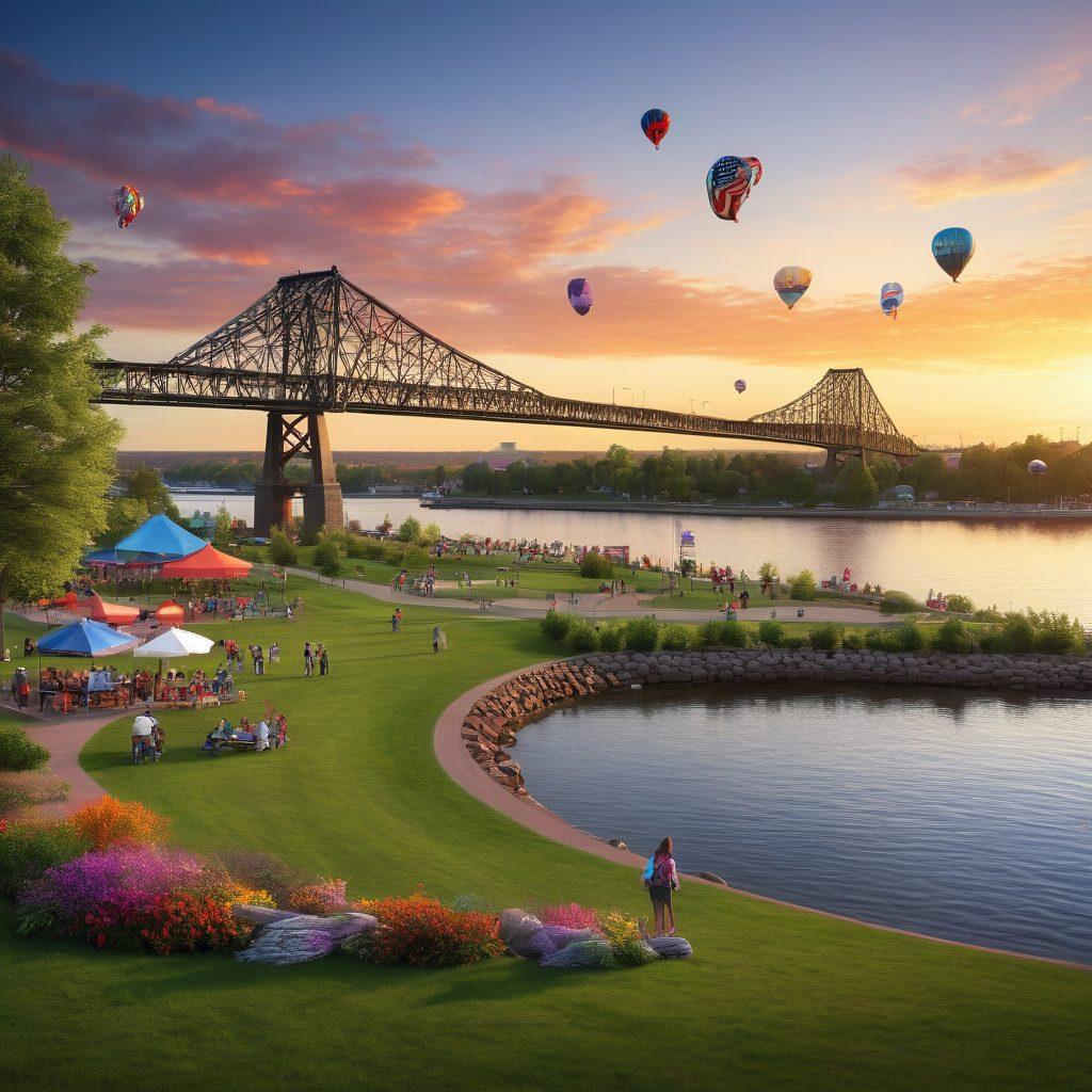 A vibrant waterfront scene in Duluth, showcasing cheerful tourists enjoying various attractions like the Aerial Lift Bridge and Canal Park. Include colorful banners of local events, families picnicking on the grass, and a sunset casting warm hues over the lake. Emphasize a festive atmosphere with balloons and people smiling. super-realistic. vibrant colors. 3D.