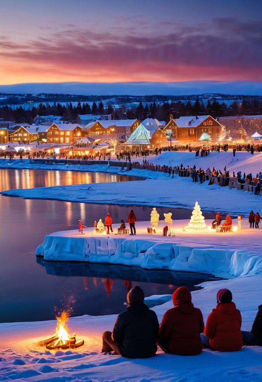 A lively winter festival in Duluth, Minnesota, featuring colorful ice sculptures, joyful families skating on a frozen lake, string lights twinkling in the background, and a cozy bonfire with people roasting marshmallows. Capture the essence of merrymaking with snowflakes gently falling and a bright sky. super-realistic. vibrant colors. 3D.